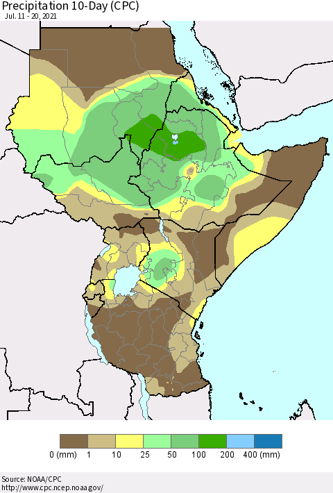 Eastern Africa Precipitation 10-Day (CPC) Thematic Map For 7/11/2021 - 7/20/2021