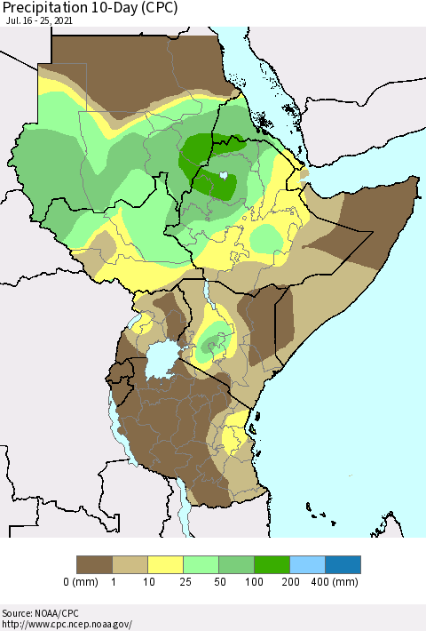 Eastern Africa Precipitation 10-Day (CPC) Thematic Map For 7/16/2021 - 7/25/2021