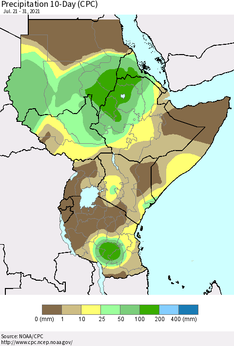 Eastern Africa Precipitation 10-Day (CPC) Thematic Map For 7/21/2021 - 7/31/2021