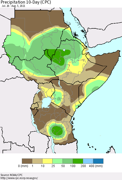 Eastern Africa Precipitation 10-Day (CPC) Thematic Map For 7/26/2021 - 8/5/2021