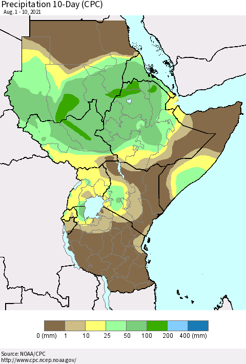 Eastern Africa Precipitation 10-Day (CPC) Thematic Map For 8/1/2021 - 8/10/2021