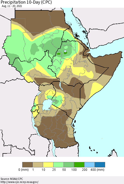 Eastern Africa Precipitation 10-Day (CPC) Thematic Map For 8/11/2021 - 8/20/2021