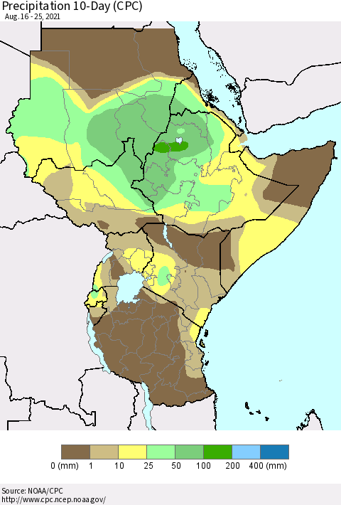 Eastern Africa Precipitation 10-Day (CPC) Thematic Map For 8/16/2021 - 8/25/2021