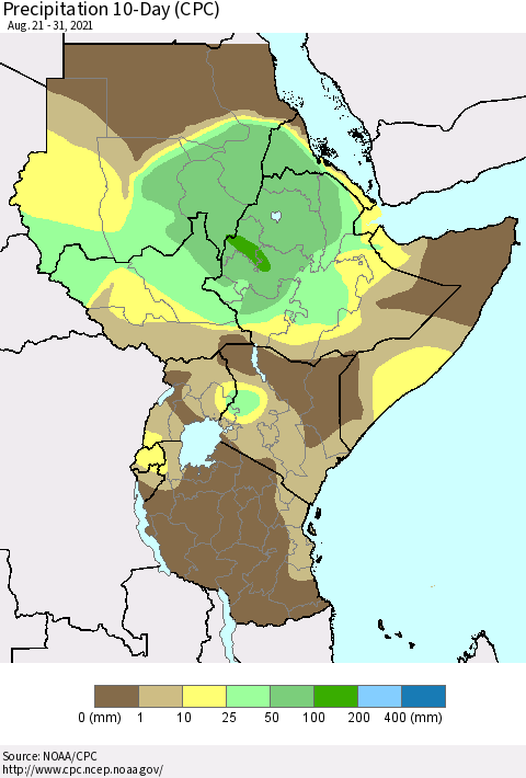 Eastern Africa Precipitation 10-Day (CPC) Thematic Map For 8/21/2021 - 8/31/2021