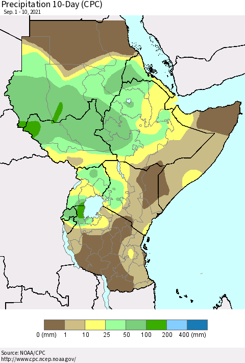 Eastern Africa Precipitation 10-Day (CPC) Thematic Map For 9/1/2021 - 9/10/2021