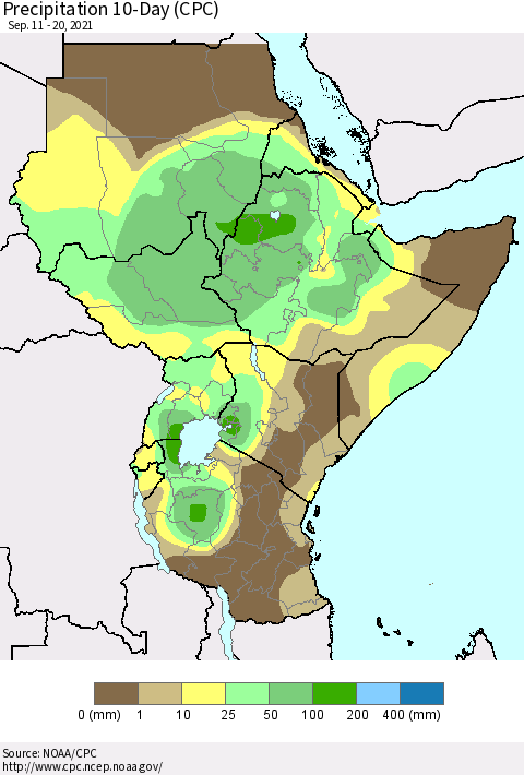 Eastern Africa Precipitation 10-Day (CPC) Thematic Map For 9/11/2021 - 9/20/2021