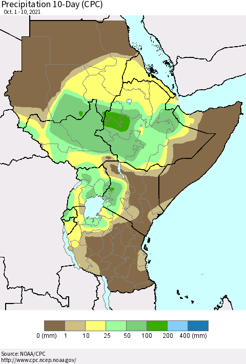 Eastern Africa Precipitation 10-Day (CPC) Thematic Map For 10/1/2021 - 10/10/2021