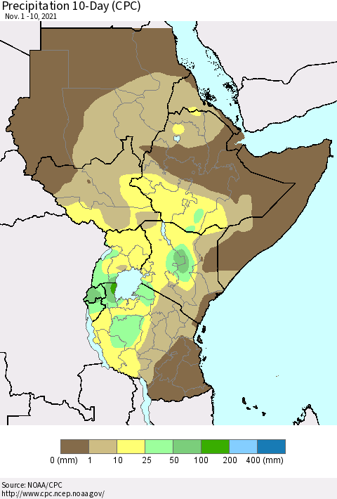 Eastern Africa Precipitation 10-Day (CPC) Thematic Map For 11/1/2021 - 11/10/2021