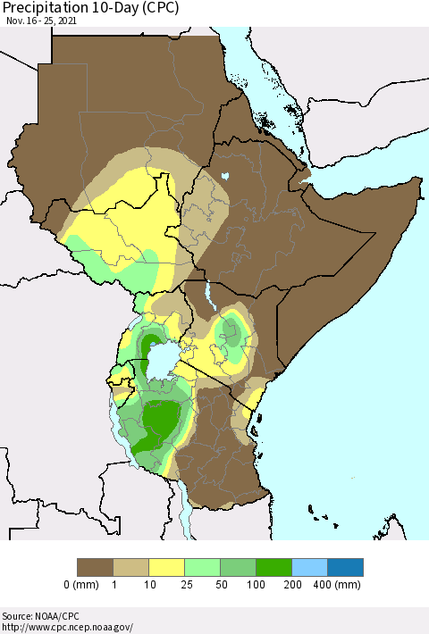 Eastern Africa Precipitation 10-Day (CPC) Thematic Map For 11/16/2021 - 11/25/2021