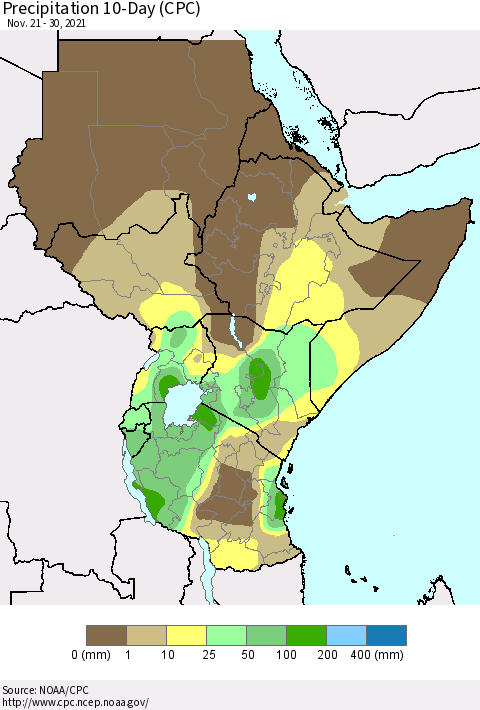 Eastern Africa Precipitation 10-Day (CPC) Thematic Map For 11/21/2021 - 11/30/2021