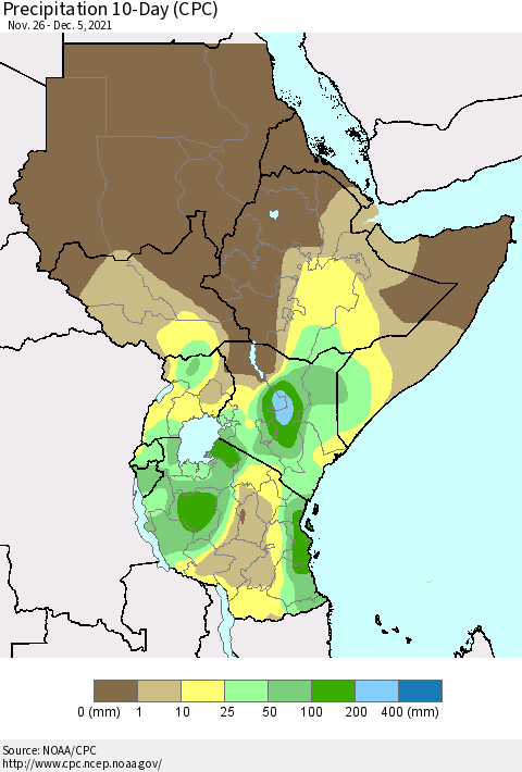 Eastern Africa Precipitation 10-Day (CPC) Thematic Map For 11/26/2021 - 12/5/2021