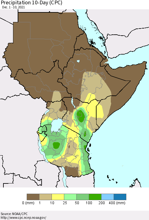 Eastern Africa Precipitation 10-Day (CPC) Thematic Map For 12/1/2021 - 12/10/2021