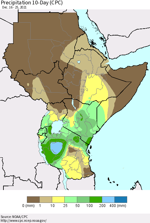 Eastern Africa Precipitation 10-Day (CPC) Thematic Map For 12/16/2021 - 12/25/2021