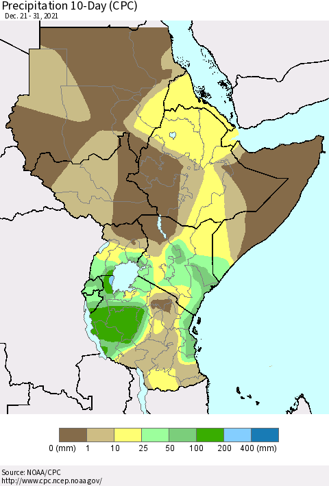 Eastern Africa Precipitation 10-Day (CPC) Thematic Map For 12/21/2021 - 12/31/2021