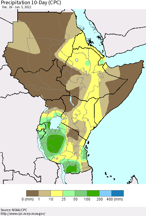 Eastern Africa Precipitation 10-Day (CPC) Thematic Map For 12/26/2021 - 1/5/2022