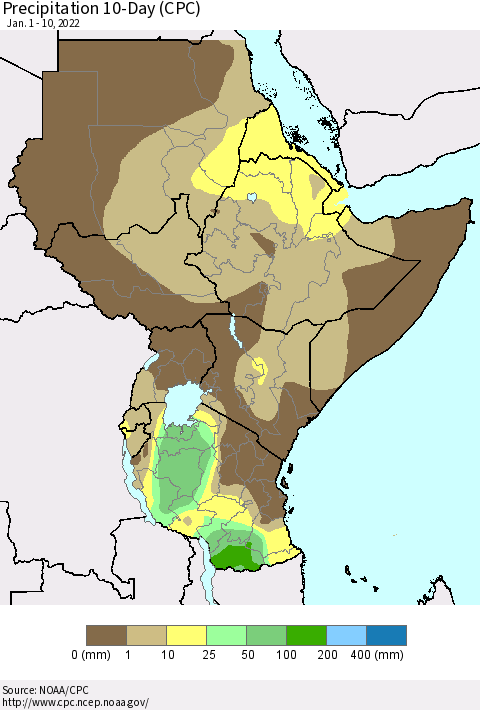 Eastern Africa Precipitation 10-Day (CPC) Thematic Map For 1/1/2022 - 1/10/2022