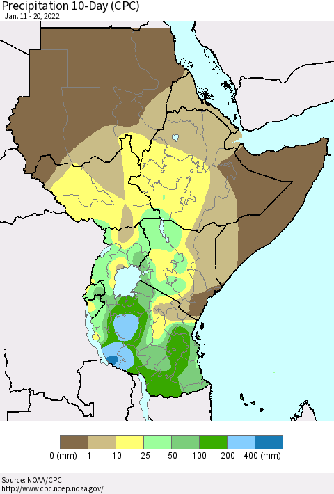 Eastern Africa Precipitation 10-Day (CPC) Thematic Map For 1/11/2022 - 1/20/2022