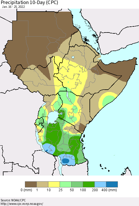 Eastern Africa Precipitation 10-Day (CPC) Thematic Map For 1/16/2022 - 1/25/2022