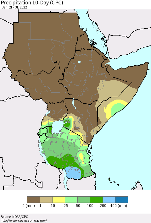 Eastern Africa Precipitation 10-Day (CPC) Thematic Map For 1/21/2022 - 1/31/2022