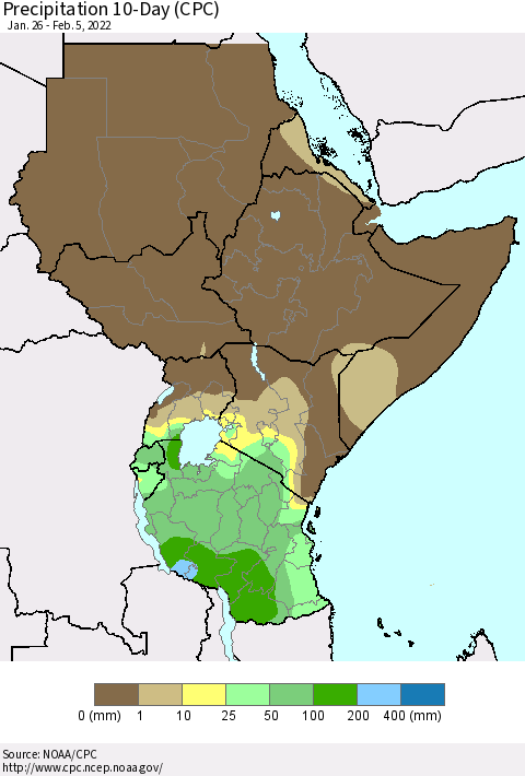 Eastern Africa Precipitation 10-Day (CPC) Thematic Map For 1/26/2022 - 2/5/2022
