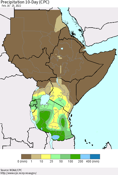 Eastern Africa Precipitation 10-Day (CPC) Thematic Map For 2/16/2022 - 2/25/2022