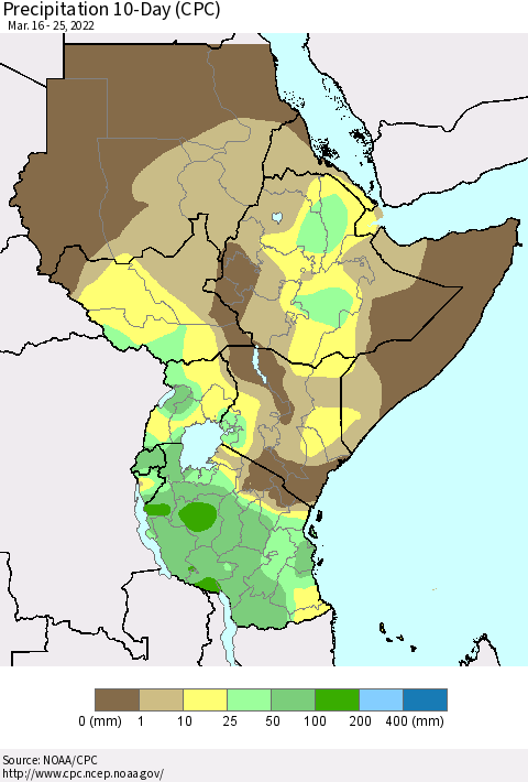 Eastern Africa Precipitation 10-Day (CPC) Thematic Map For 3/16/2022 - 3/25/2022