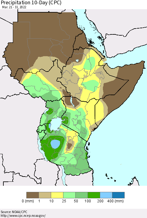 Eastern Africa Precipitation 10-Day (CPC) Thematic Map For 3/21/2022 - 3/31/2022
