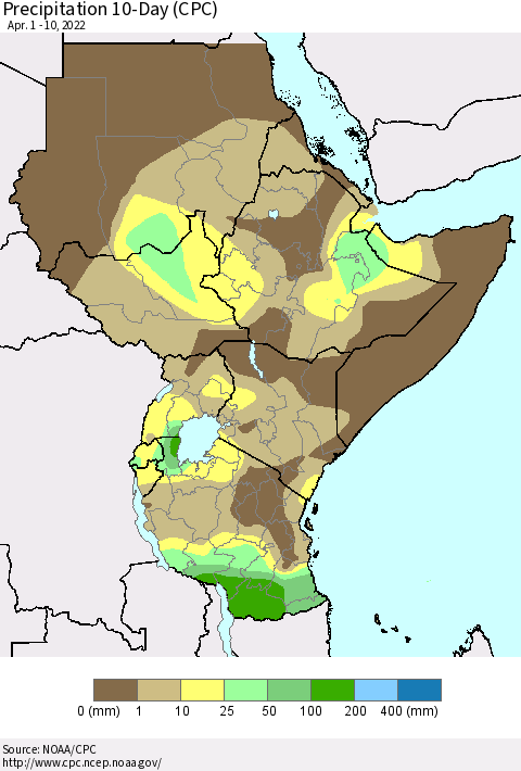 Eastern Africa Precipitation 10-Day (CPC) Thematic Map For 4/1/2022 - 4/10/2022