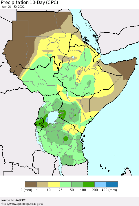 Eastern Africa Precipitation 10-Day (CPC) Thematic Map For 4/21/2022 - 4/30/2022