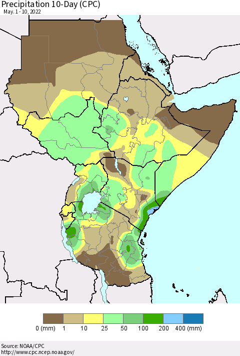 Eastern Africa Precipitation 10-Day (CPC) Thematic Map For 5/1/2022 - 5/10/2022