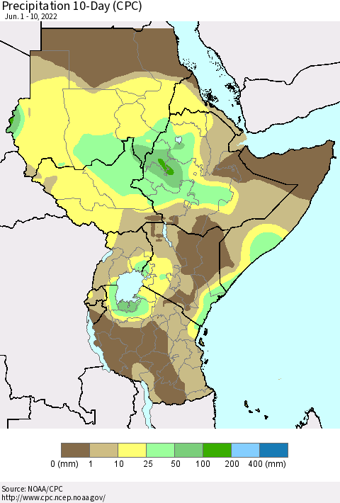 Eastern Africa Precipitation 10-Day (CPC) Thematic Map For 6/1/2022 - 6/10/2022