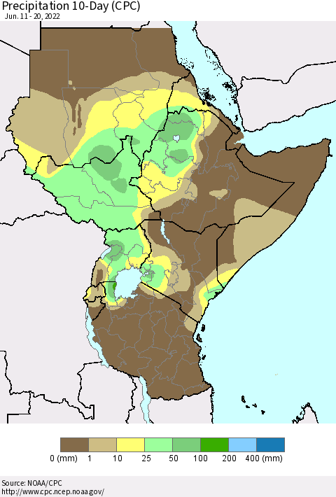 Eastern Africa Precipitation 10-Day (CPC) Thematic Map For 6/11/2022 - 6/20/2022