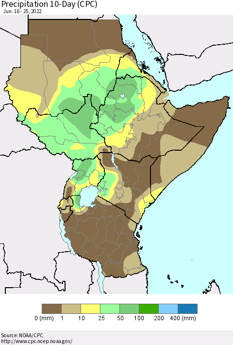 Eastern Africa Precipitation 10-Day (CPC) Thematic Map For 6/16/2022 - 6/25/2022