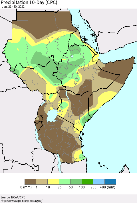 Eastern Africa Precipitation 10-Day (CPC) Thematic Map For 6/21/2022 - 6/30/2022