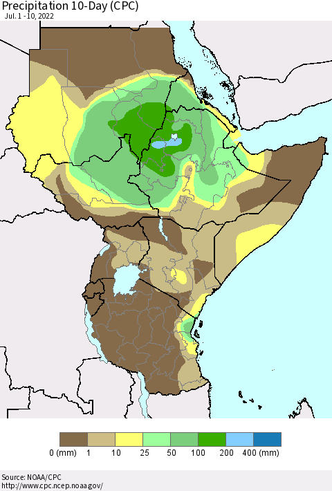 Eastern Africa Precipitation 10-Day (CPC) Thematic Map For 7/1/2022 - 7/10/2022