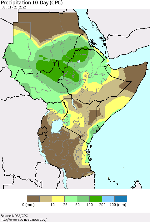 Eastern Africa Precipitation 10-Day (CPC) Thematic Map For 7/11/2022 - 7/20/2022
