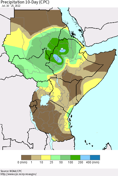 Eastern Africa Precipitation 10-Day (CPC) Thematic Map For 7/16/2022 - 7/25/2022