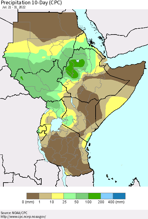 Eastern Africa Precipitation 10-Day (CPC) Thematic Map For 7/21/2022 - 7/31/2022