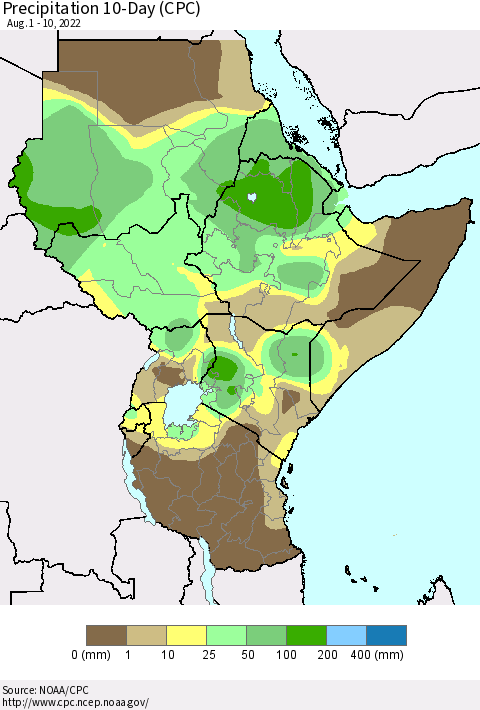 Eastern Africa Precipitation 10-Day (CPC) Thematic Map For 8/1/2022 - 8/10/2022