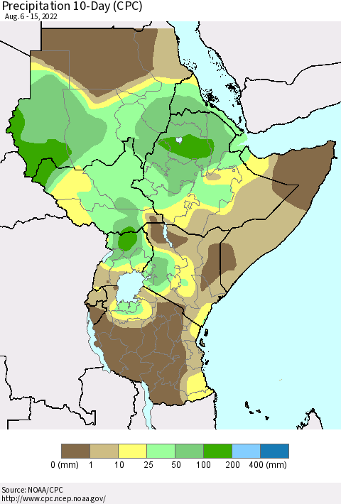 Eastern Africa Precipitation 10-Day (CPC) Thematic Map For 8/6/2022 - 8/15/2022
