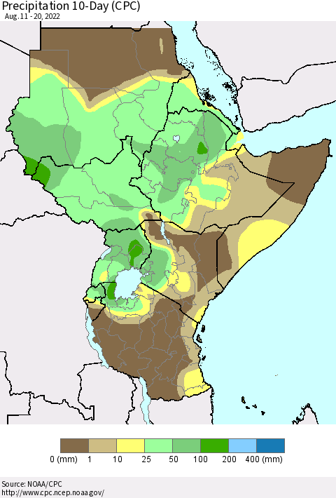 Eastern Africa Precipitation 10-Day (CPC) Thematic Map For 8/11/2022 - 8/20/2022