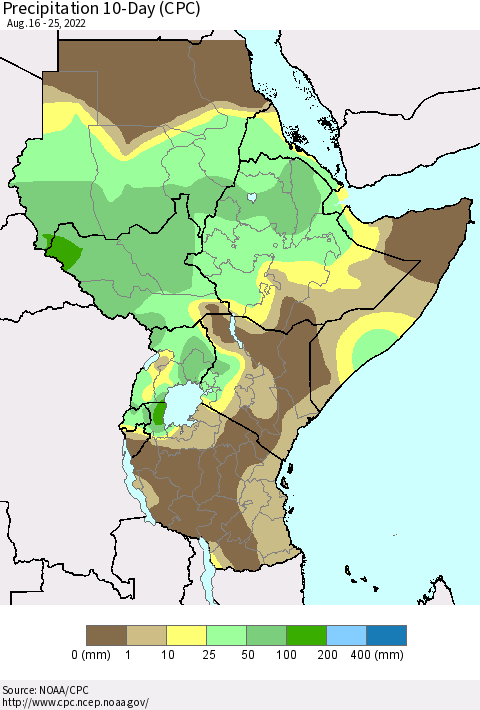 Eastern Africa Precipitation 10-Day (CPC) Thematic Map For 8/16/2022 - 8/25/2022