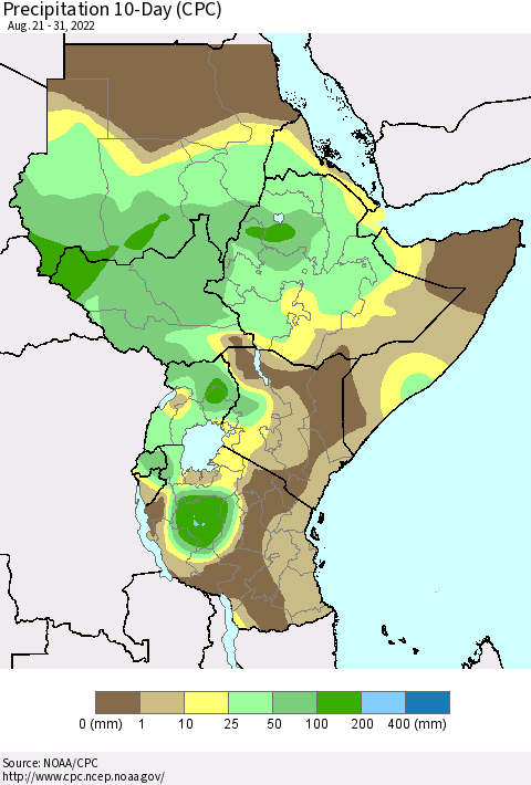 Eastern Africa Precipitation 10-Day (CPC) Thematic Map For 8/21/2022 - 8/31/2022