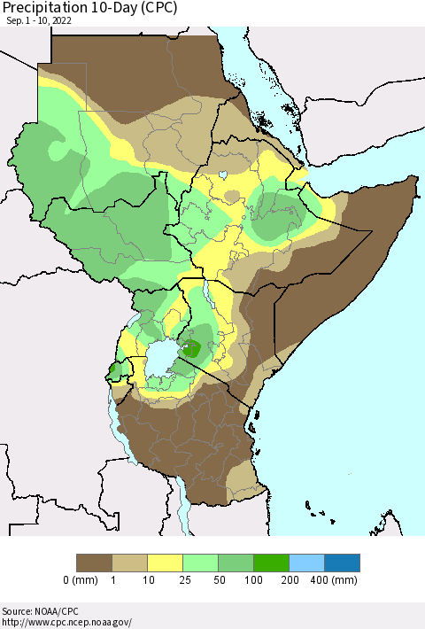 Eastern Africa Precipitation 10-Day (CPC) Thematic Map For 9/1/2022 - 9/10/2022