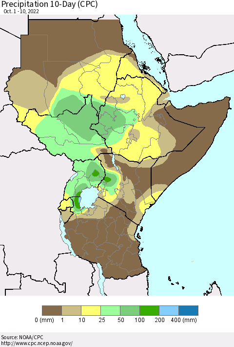Eastern Africa Precipitation 10-Day (CPC) Thematic Map For 10/1/2022 - 10/10/2022