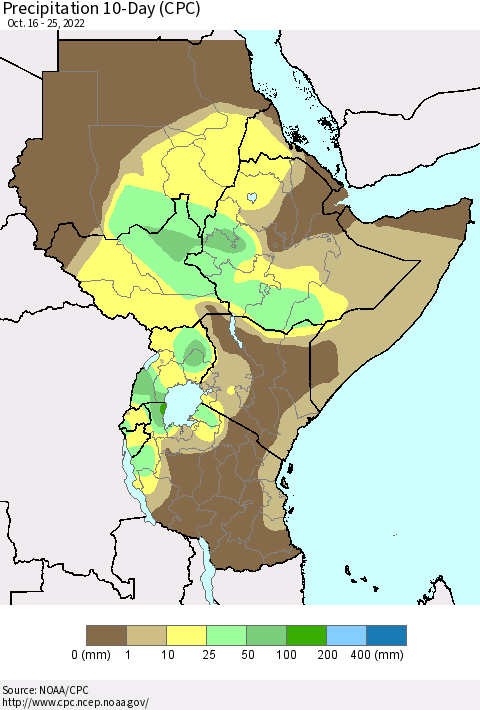 Eastern Africa Precipitation 10-Day (CPC) Thematic Map For 10/16/2022 - 10/25/2022