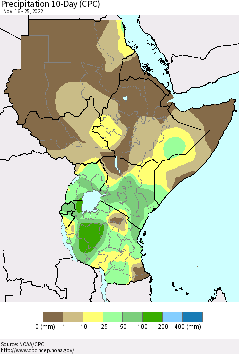 Eastern Africa Precipitation 10-Day (CPC) Thematic Map For 11/16/2022 - 11/25/2022