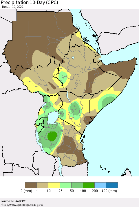 Eastern Africa Precipitation 10-Day (CPC) Thematic Map For 12/1/2022 - 12/10/2022