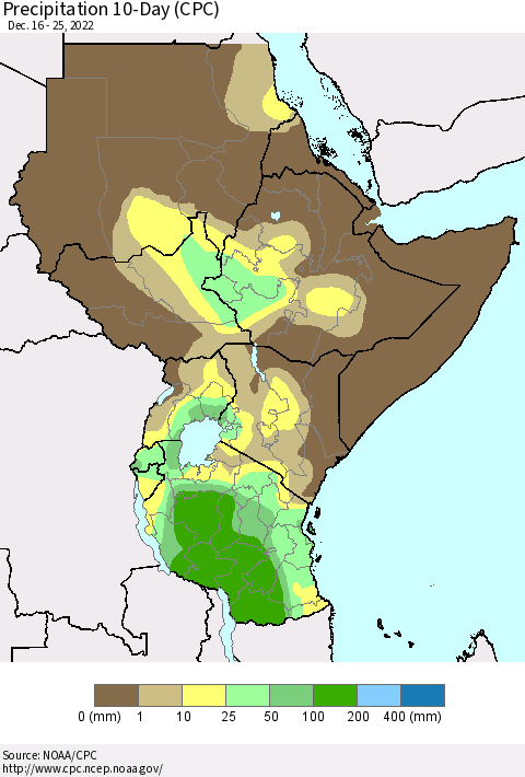 Eastern Africa Precipitation 10-Day (CPC) Thematic Map For 12/16/2022 - 12/25/2022