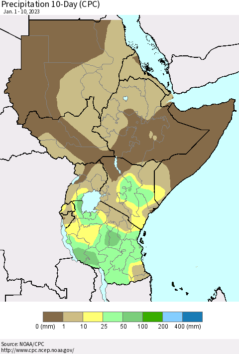 Eastern Africa Precipitation 10-Day (CPC) Thematic Map For 1/1/2023 - 1/10/2023